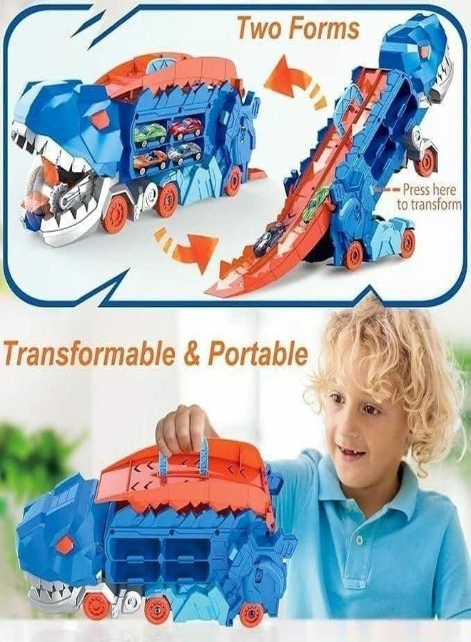Brighterbee Dinosaur Track Truck Toys for Boys 3 4 5 6 7 8 Year Old - 2 Layer Transformed Dinosaur Transport Car Carrier Truck with 2 Diecast Race Cars, Multi Color - Image 5